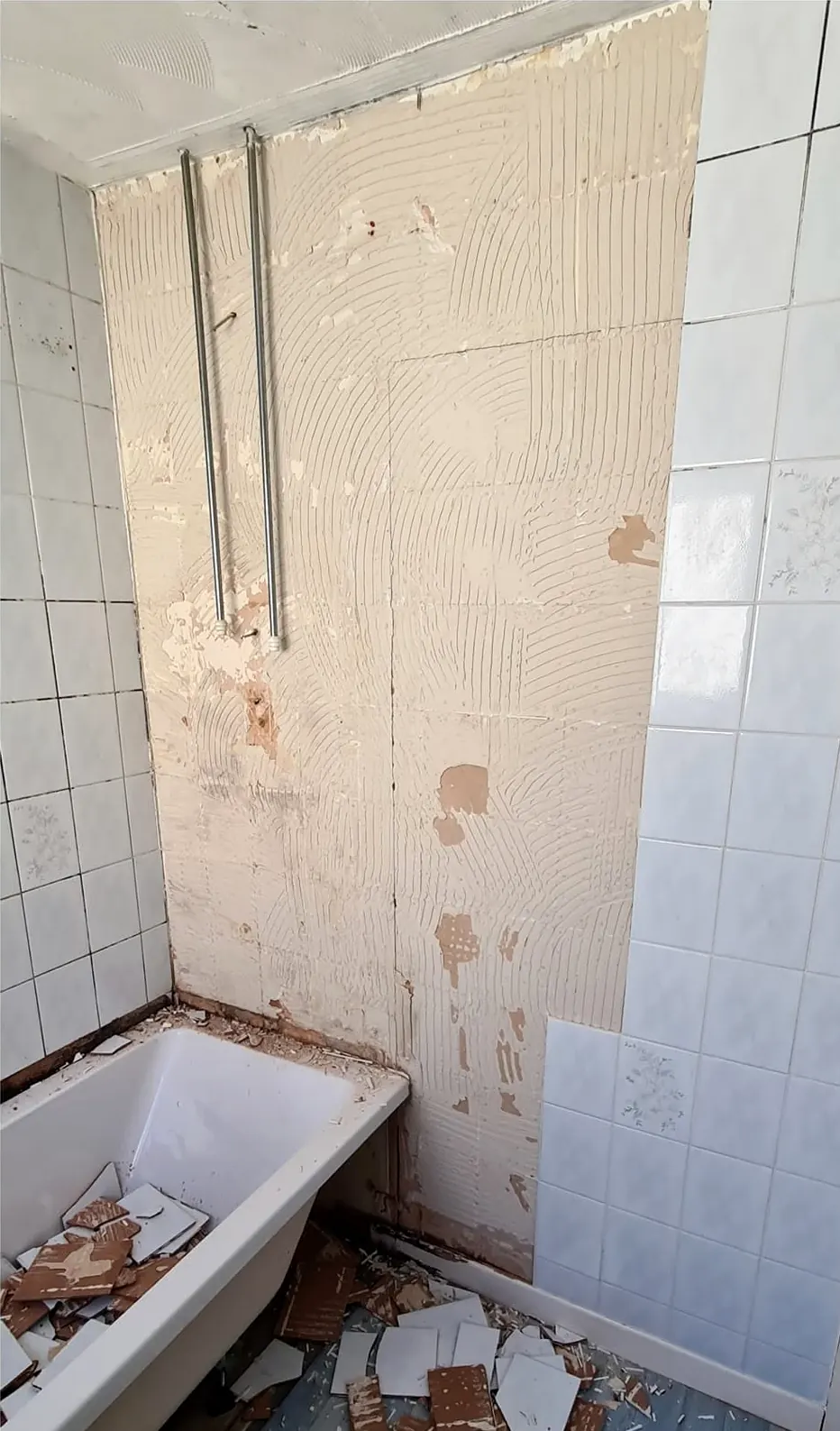 Before: old bath and stripped tiles