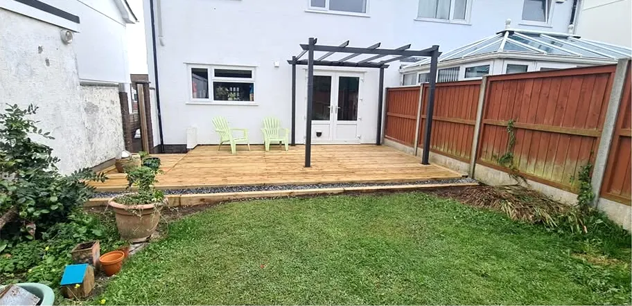 Back garden with new decking and pergola